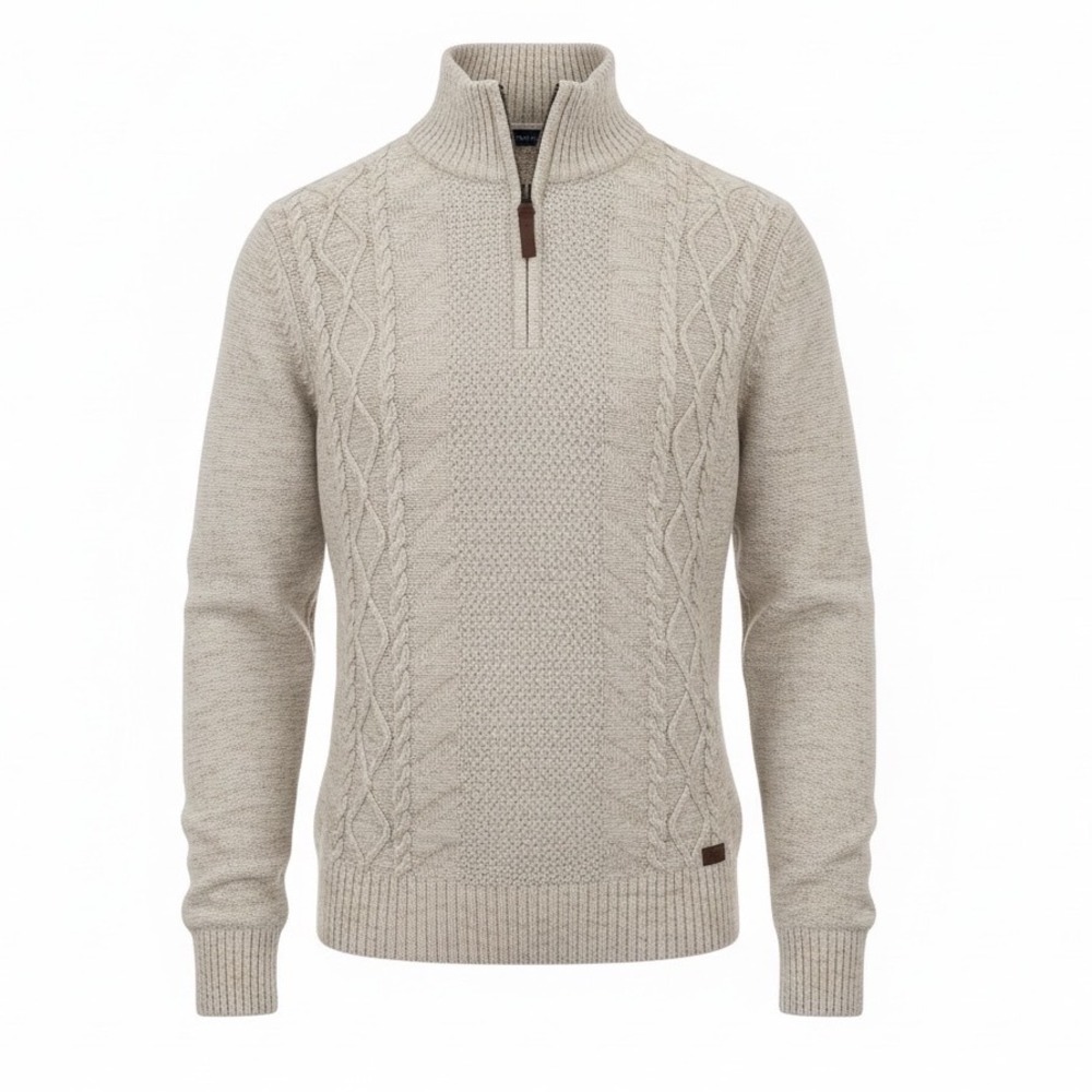 Outpost Makers Mens Oatmeal Heather Cable Knit Quarter Zip Mock Neck Sweater M